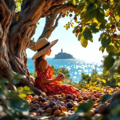 The primary subject of the image is a woman sitting under a tree, surrounded by a variety of fruits. She is wearing a hat and a dress, and she appears to be enjoying her time in the shade. The setting is a lush, green environment with a body of water in the background. The visual style is a photo, capturing the woman and her surroundings in a natural, outdoor setting. The colors and mood of the image are warm and inviting, with the vibrant colors of the